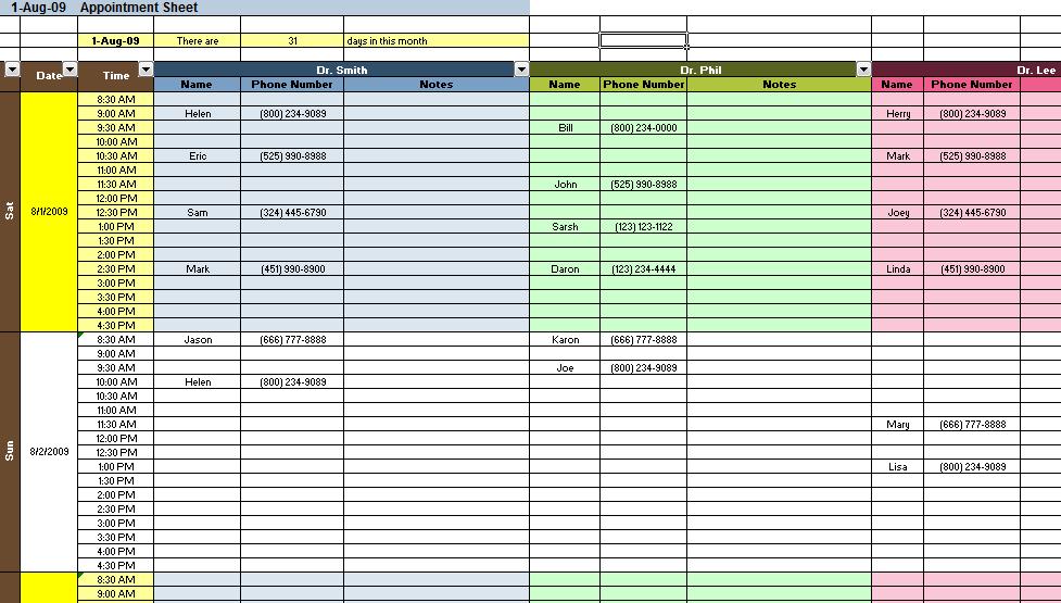 Appointment and Scheduding Spreadsheet Templates