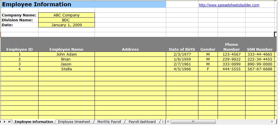 Human Resource Payroll Spreadsheet Templates